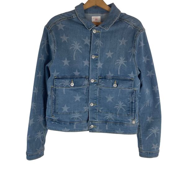 LulaRoe Womens Jean Jacket Size Large Kenny Stars and Palm Trees Boho American - Picture 1 of 6